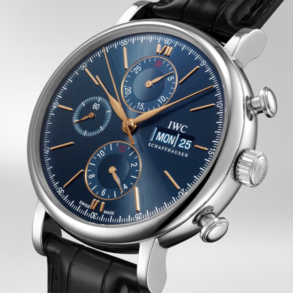 IWC Schaffhausen Portofino 42mm Blue/Rose Dial Chronograph Leather Strap Watch - Berry's Jewellers