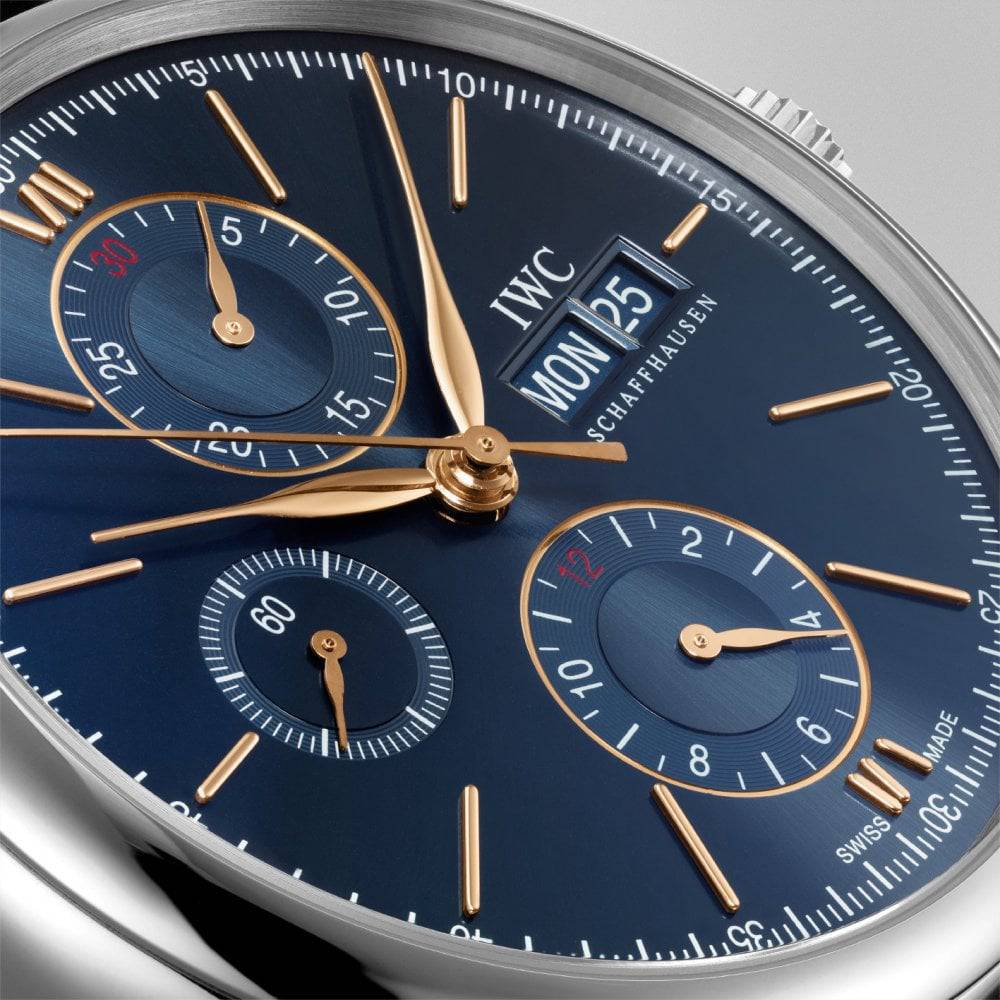 IWC Schaffhausen Portofino 42mm Blue/Rose Dial Chronograph Leather Strap Watch - Berry's Jewellers