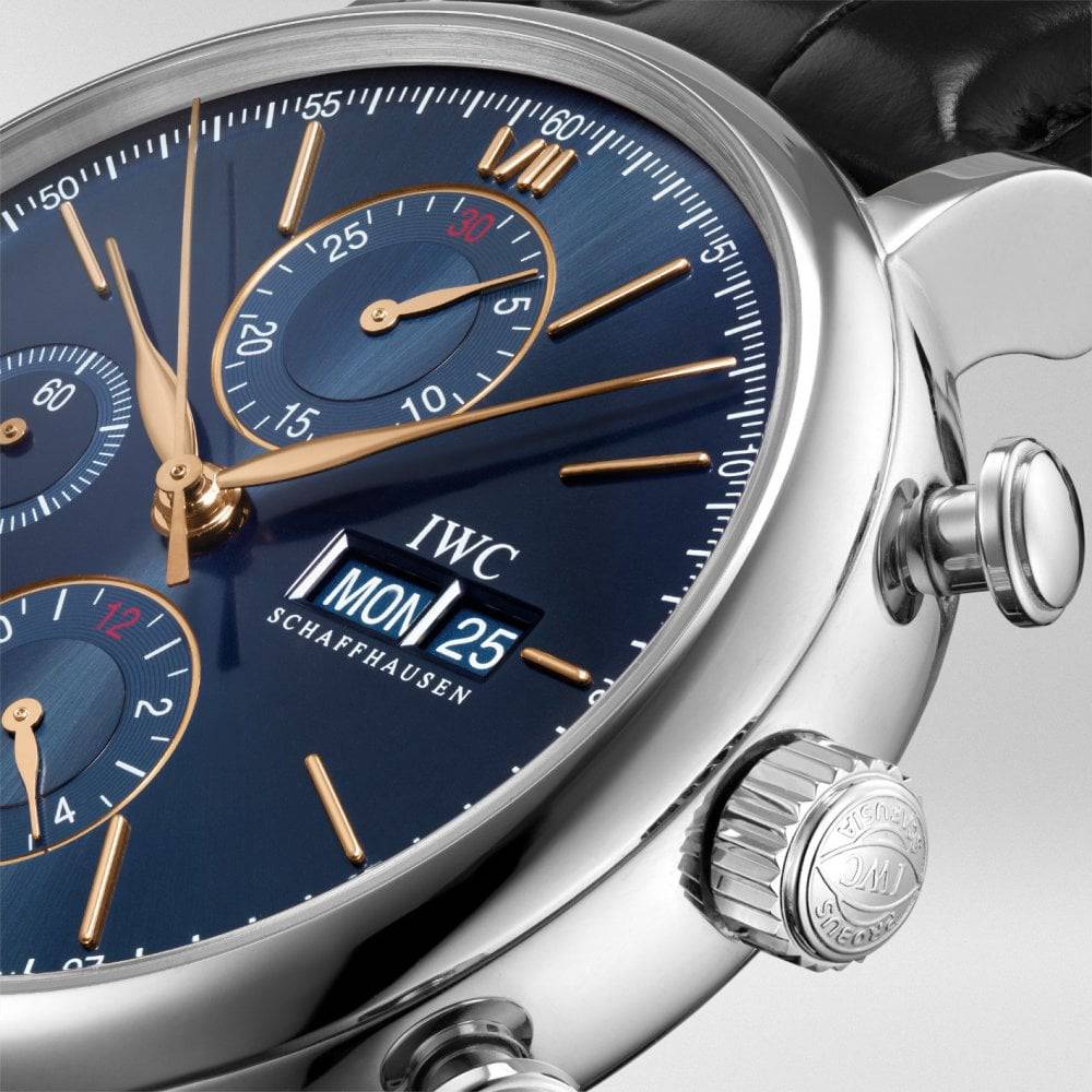 IWC Schaffhausen Portofino 42mm Blue/Rose Dial Chronograph Leather Strap Watch - Berry's Jewellers