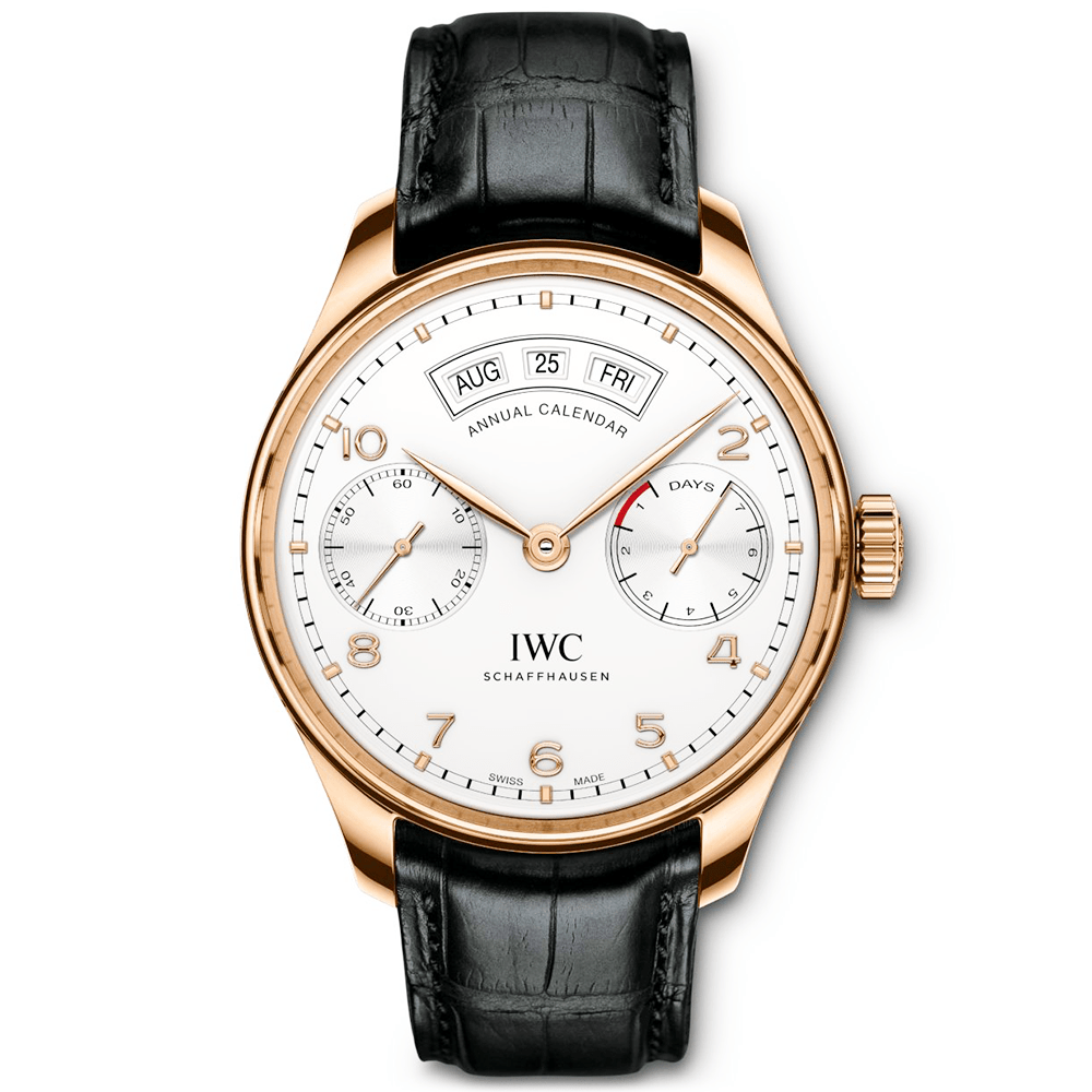 IWC Schaffhausen Portugieser Annual Calendar 44mm 18ct Red Gold Silver Dial Strap Watch - Berry's Jewellers