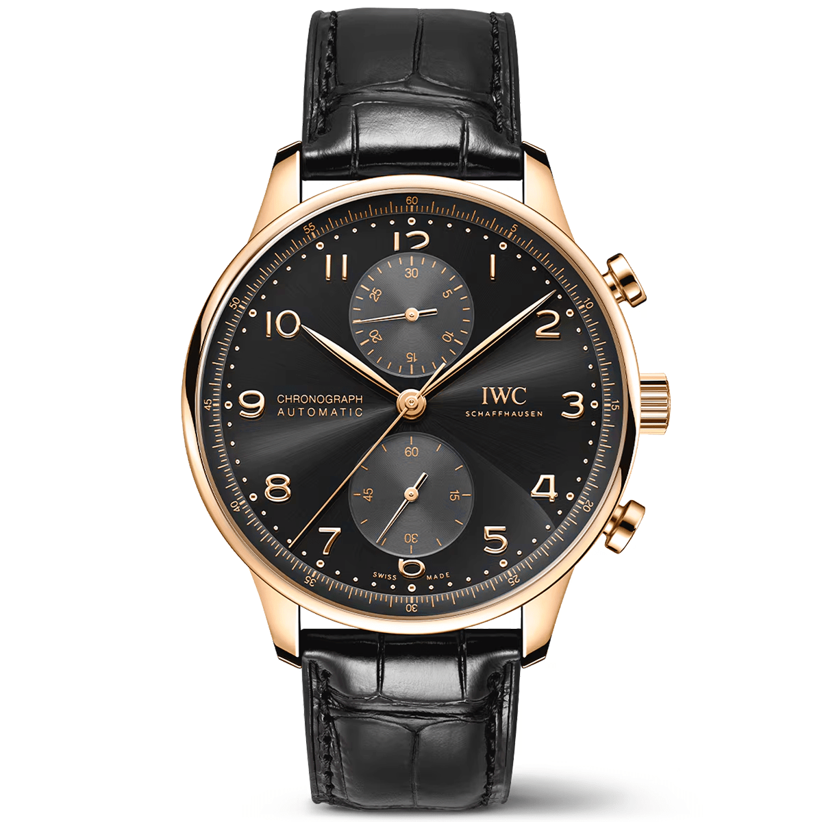 IWC Schaffhausen Portugieser 'Obsidian' 41mm 18ct Rose Gold Chronograph Strap Watch - Berry's Jewellers