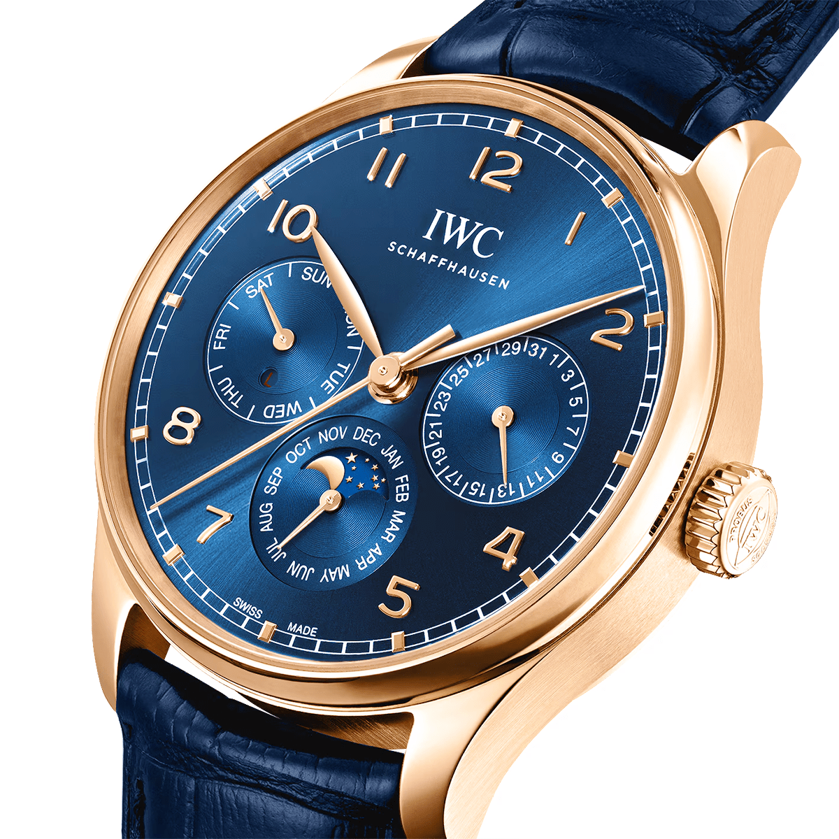 IWC Schaffhausen Portugieser Perpetual Calendar 42mm 18ct Rose Gold Blue Dial Watch - Berry's Jewellers