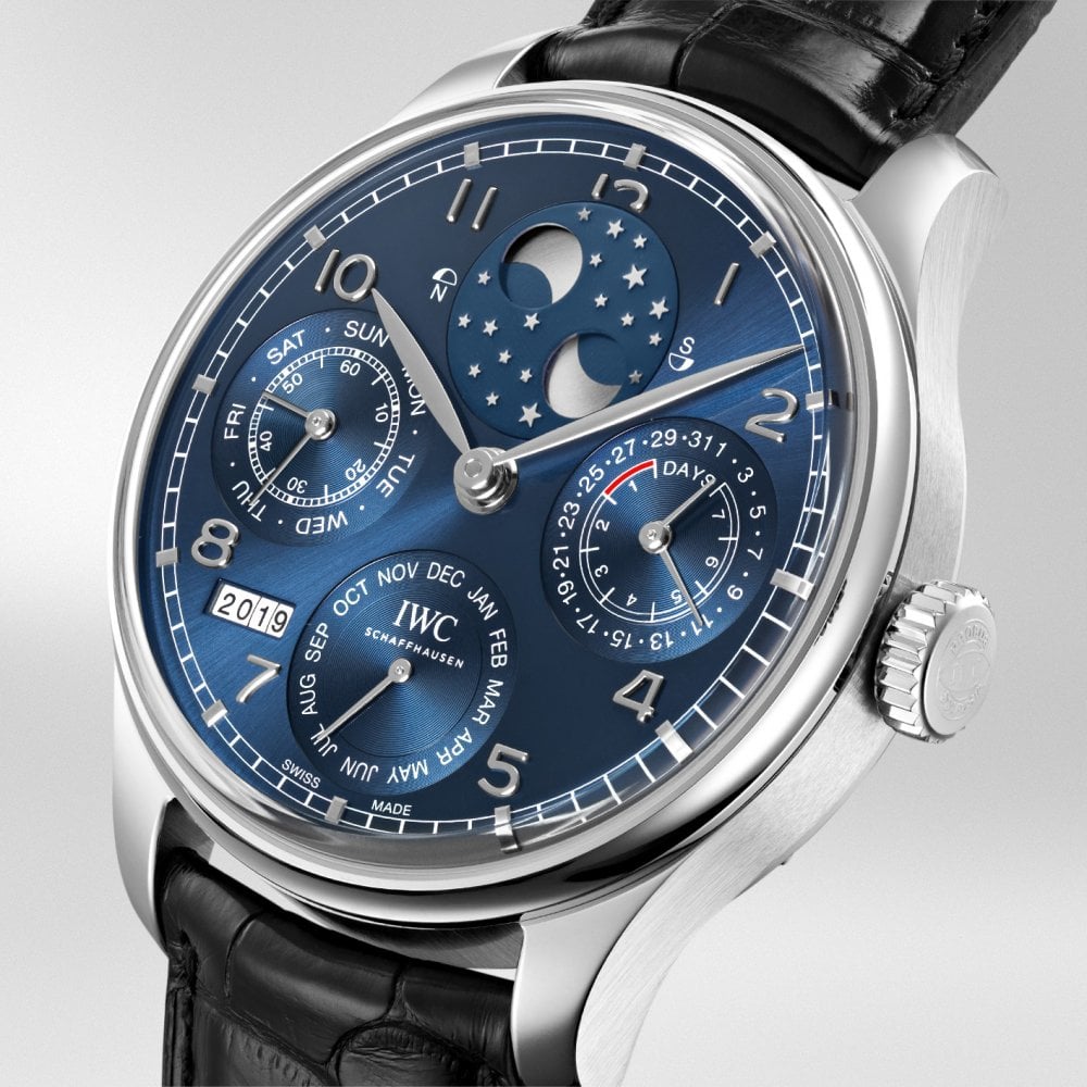 IWC Schaffhausen Portugieser Perpetual Calendar 44mm 18ct White Gold Blue Dial Watch - Berry's Jewellers