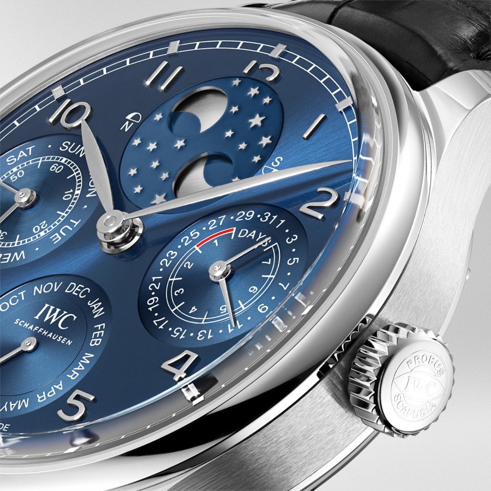 IWC Schaffhausen Portugieser Perpetual Calendar 44mm 18ct White Gold Blue Dial Watch - Berry's Jewellers