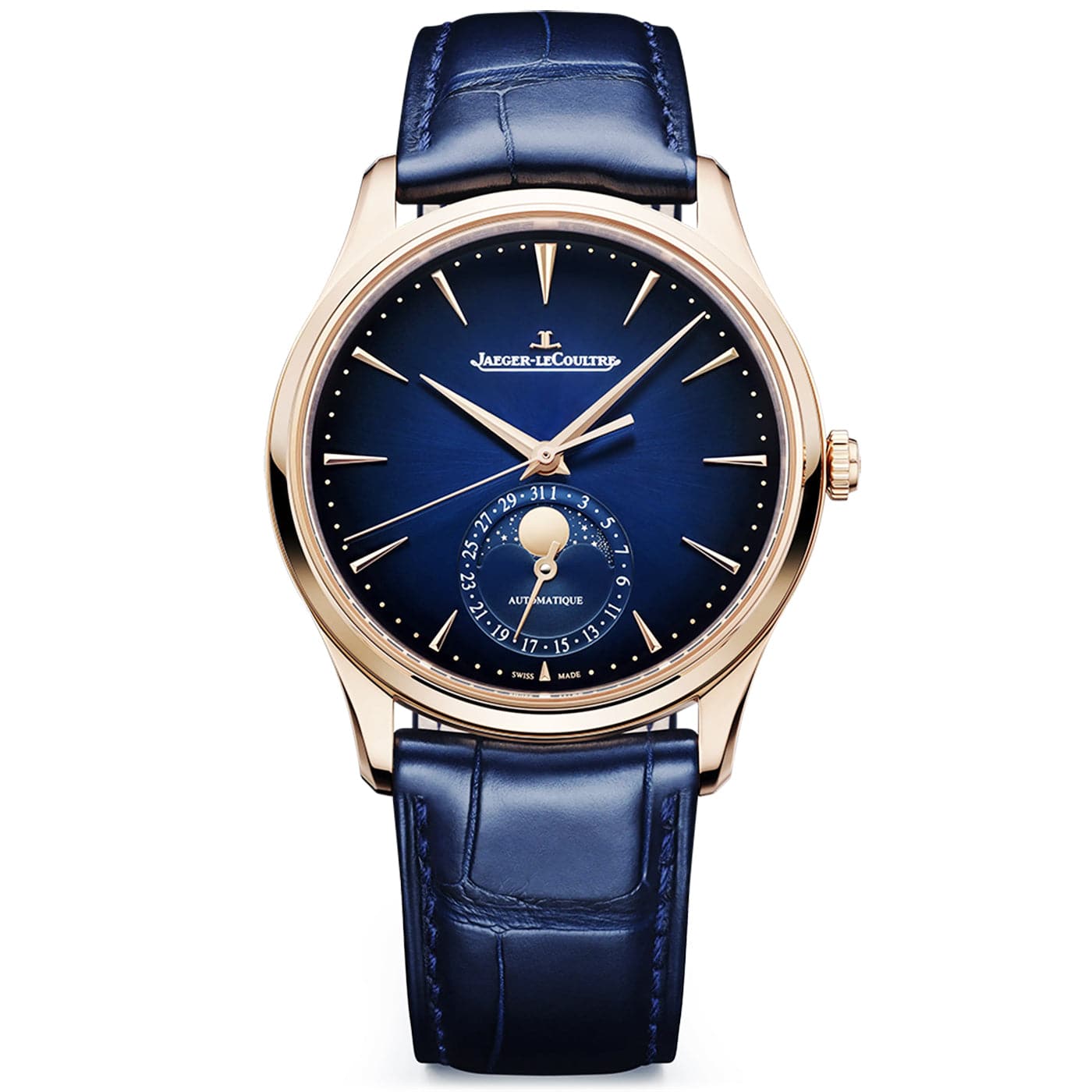 Jaeger-LeCoultre Master Ultra Thin Moon 18ct Pink Gold Blue Dial Strap Watch - Berry's Jewellers