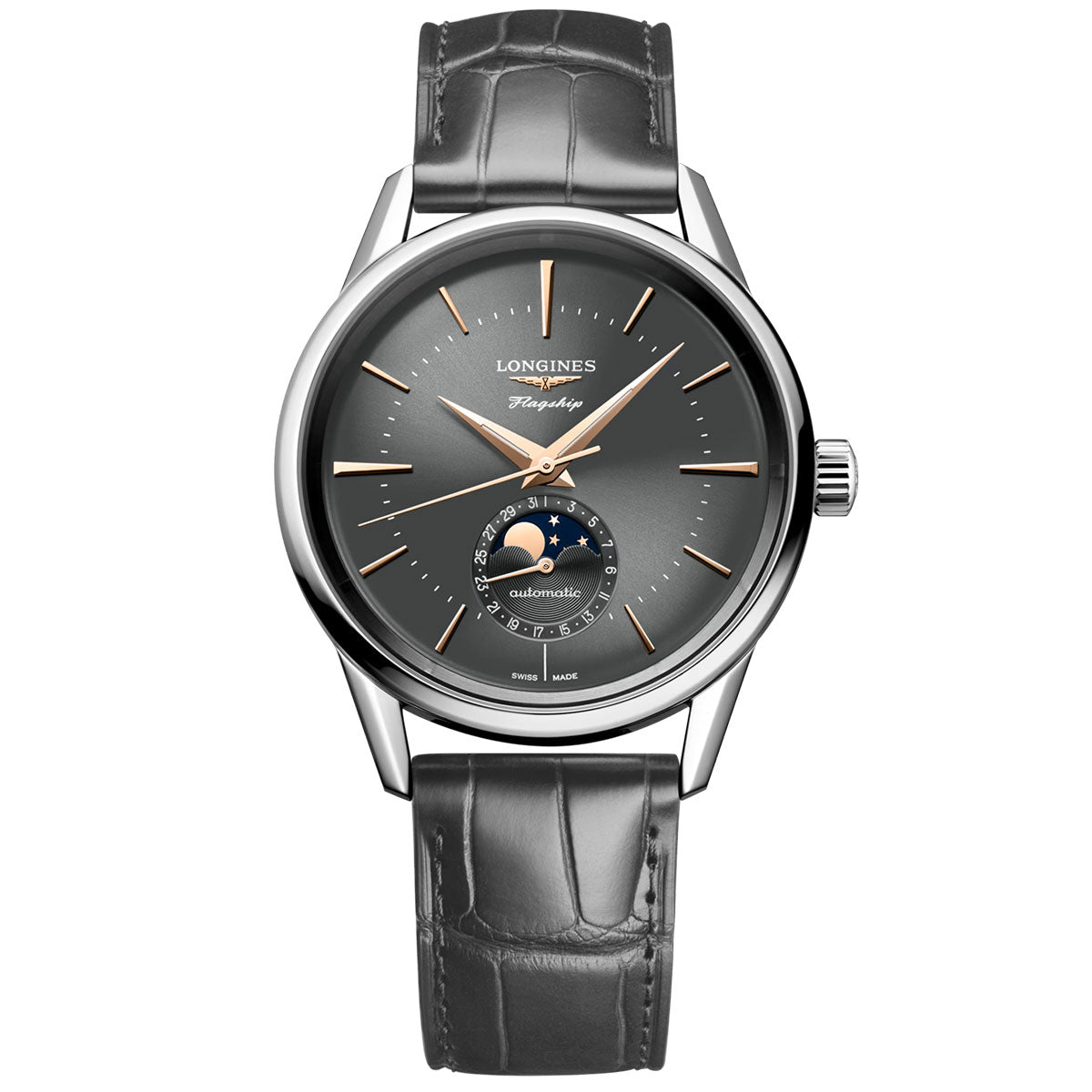 Longines Flagship Heritage 38.5mm Moon-Phase Automatic Strap Watch - Berry's Jewellers