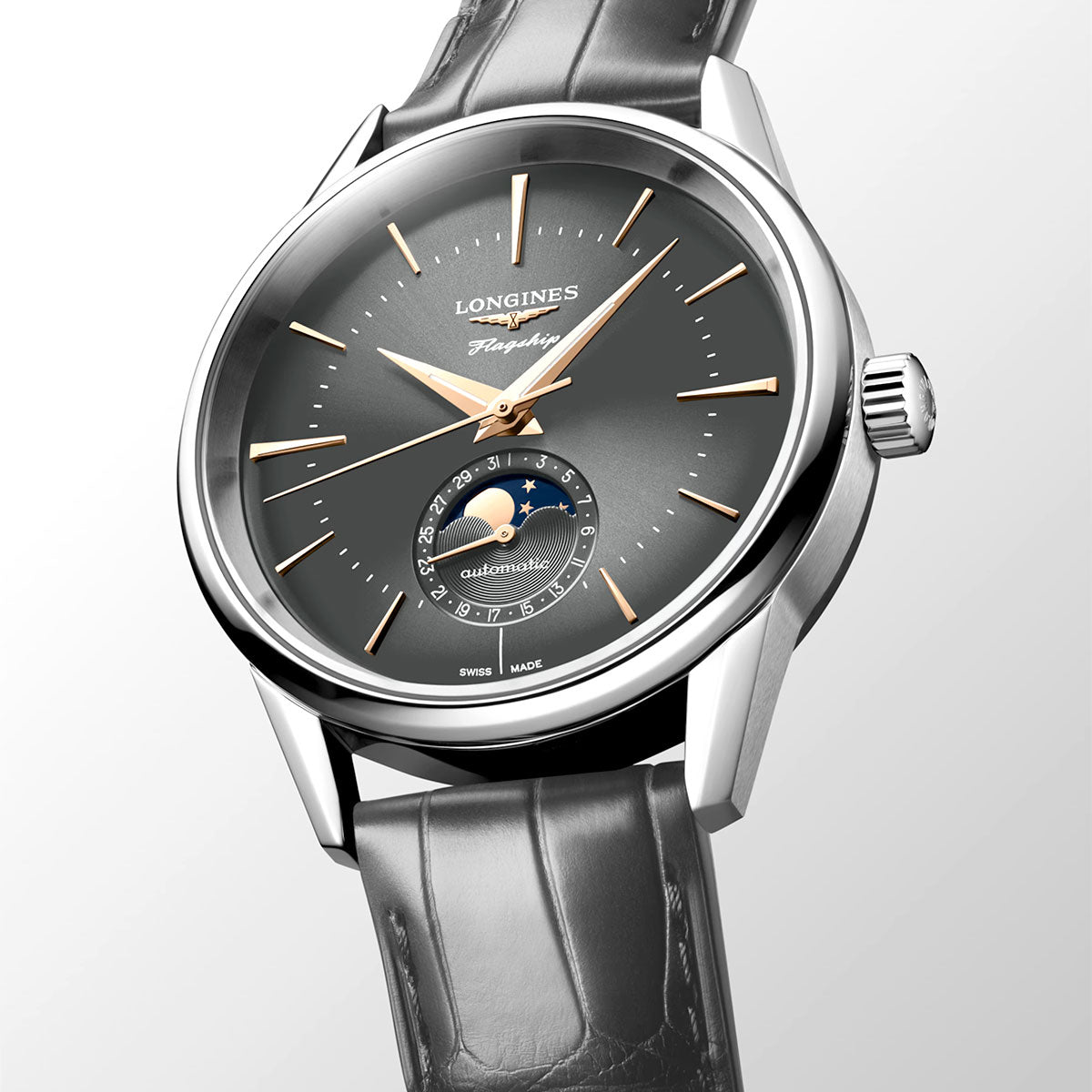 Longines Flagship Heritage 38.5mm Moon-Phase Automatic Strap Watch - Berry's Jewellers