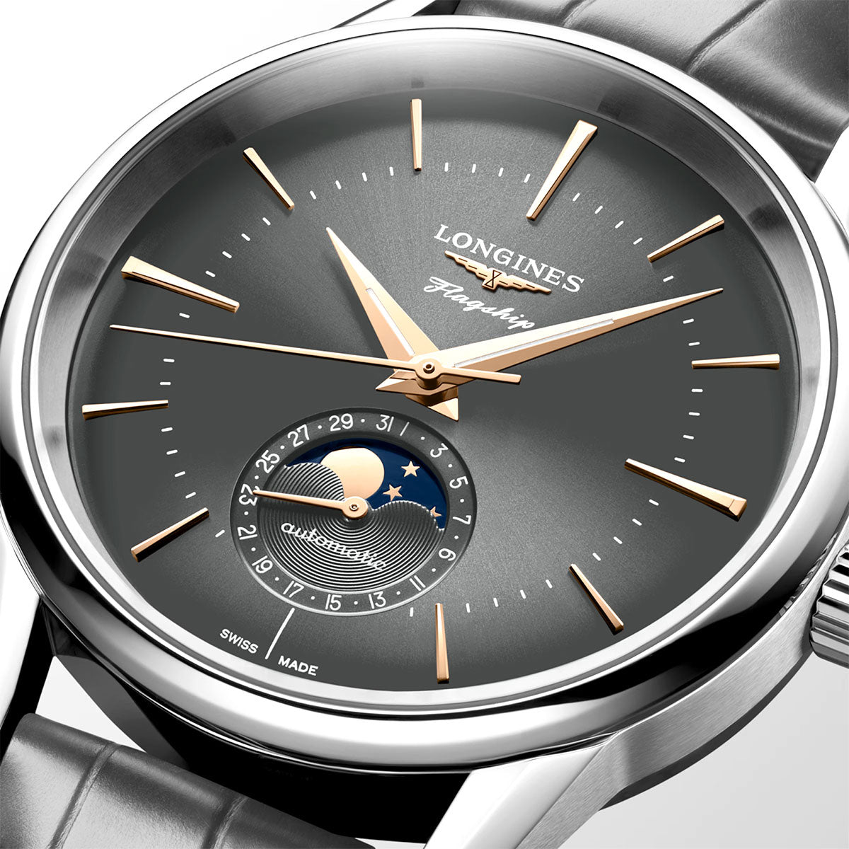 Longines Flagship Heritage 38.5mm Moon-Phase Automatic Strap Watch - Berry's Jewellers