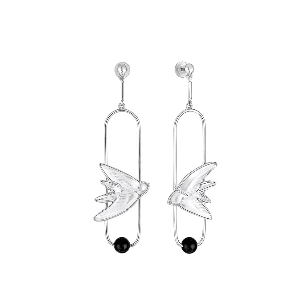 Lalique Hirondelles Clear Crystal, Onyx & Silver Drop Earrings - Berry's Jewellers