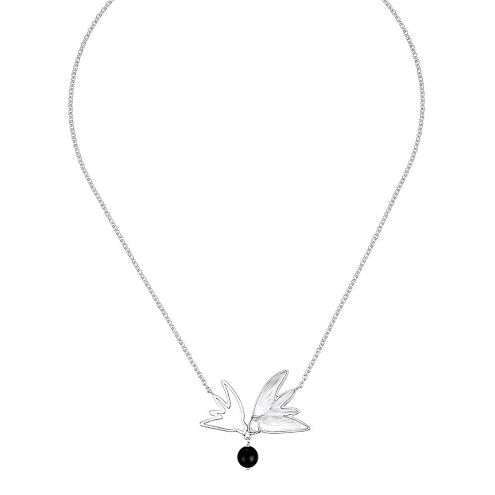 Lalique Hirondelles Clear Crystal, Onyx & Silver Necklace - Berry's Jewellers