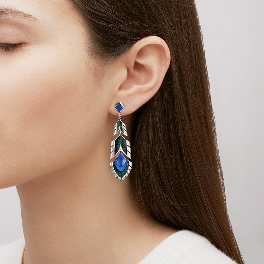 Lalique Paon Blue Crystal, Green Lacquer & Silver Drop Earrings - Berry's Jewellers