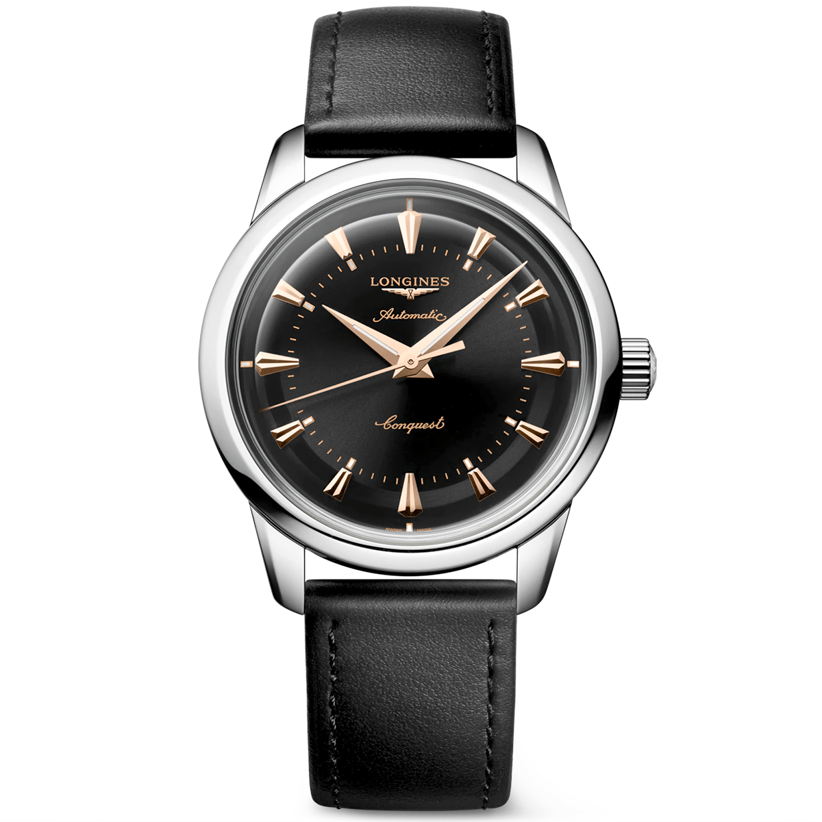 Longines Conquest Heritage 38mm Black/Rose Dial Automatic Strap Watch - Berry's Jewellers