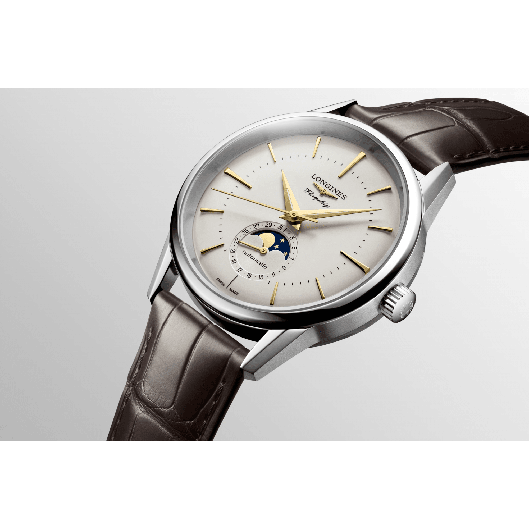 Longines Flagship Heritage 38.5mm Moon-Phase Automatic Strap Watch - Berry's Jewellers