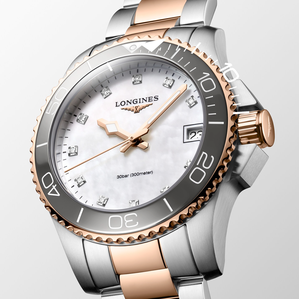 Longines HydroConquest 32mm Two-Tone White Mother of Pearl Diamond Dial Watch - Berry's Jewellers