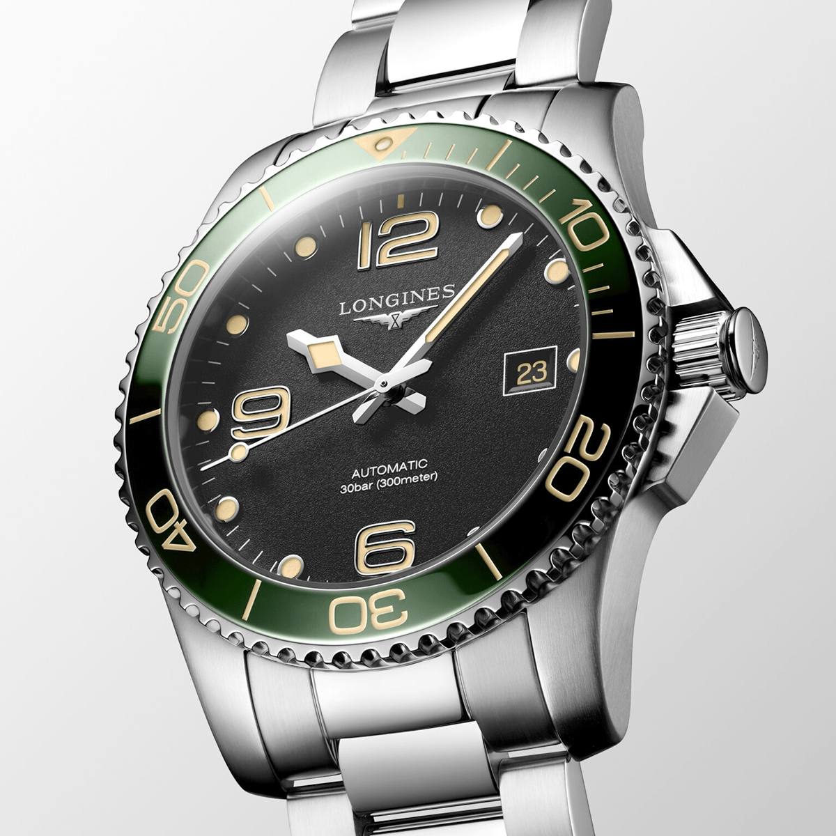 Longines HydroConquest 41mm Black Dial & Green Bezel Men's Bracelet Watch - Berry's Jewellers