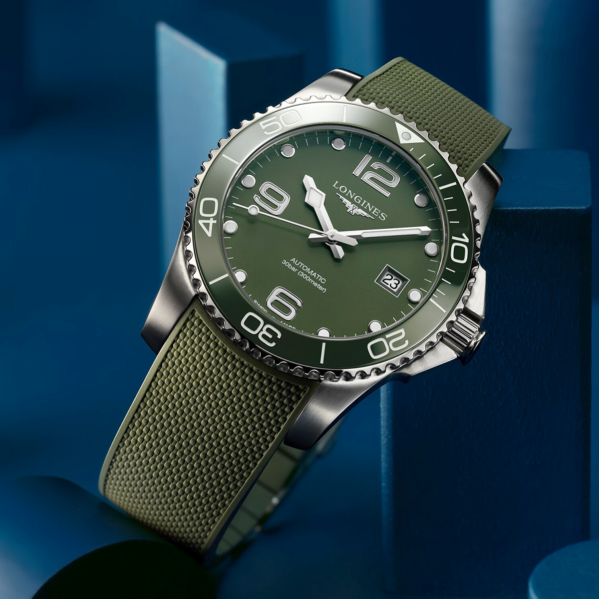 Longines HydroConquest 41mm Green Dial & Ceramic Bezel Men's Rubber Strap Watch - Berry's Jewellers