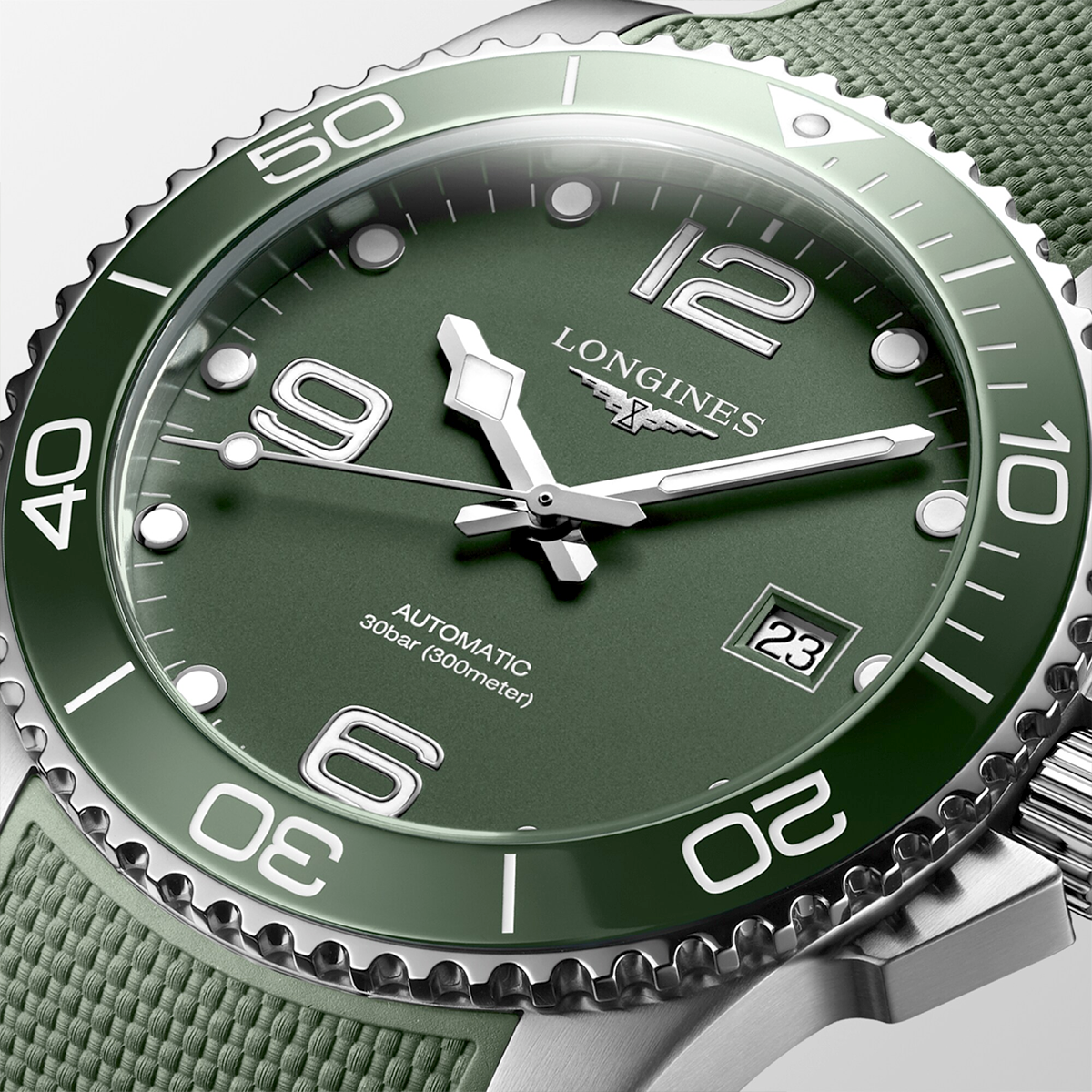 Longines HydroConquest 41mm Green Dial & Ceramic Bezel Men's Rubber Strap Watch - Berry's Jewellers