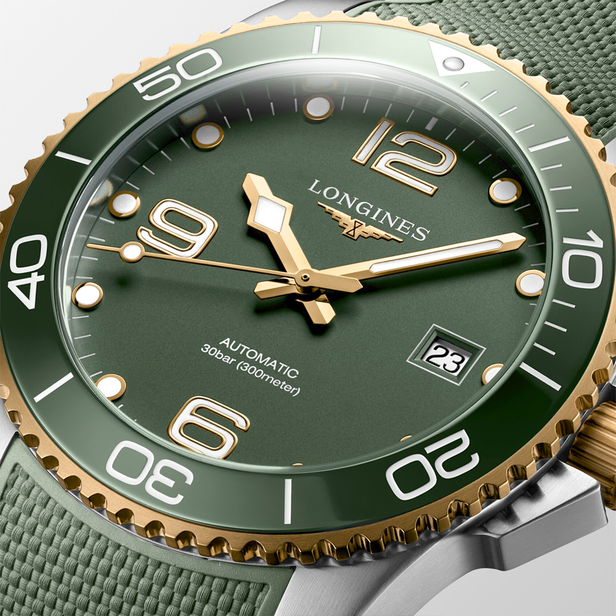 Longines HydroConquest 41mm Two-Tone Green Dial Rubber Strap Watch - Berry's Jewellers