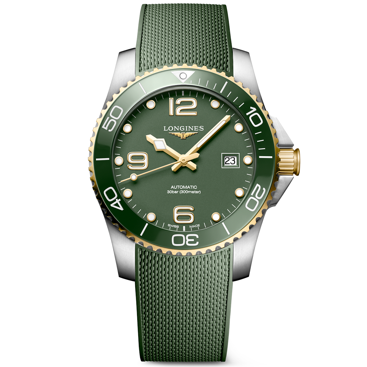 Longines HydroConquest 41mm Two-Tone Green Dial Rubber Strap Watch - Berry's Jewellers