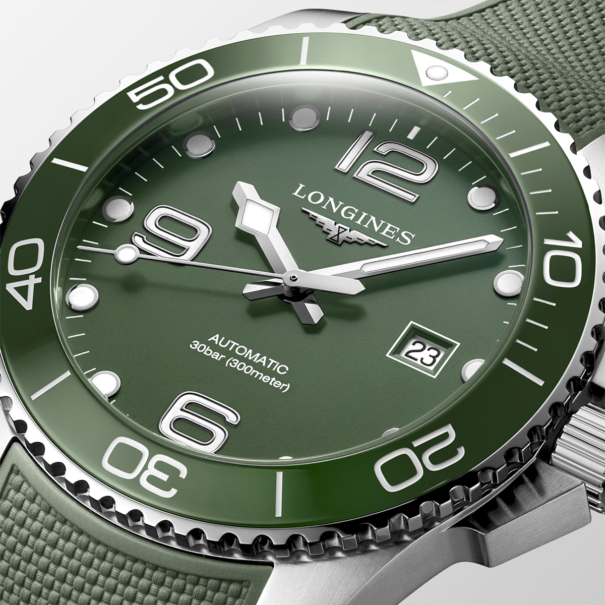 Longines HydroConquest 43mm Green Dial Automatic Rubber Strap Watch - Berry's Jewellers