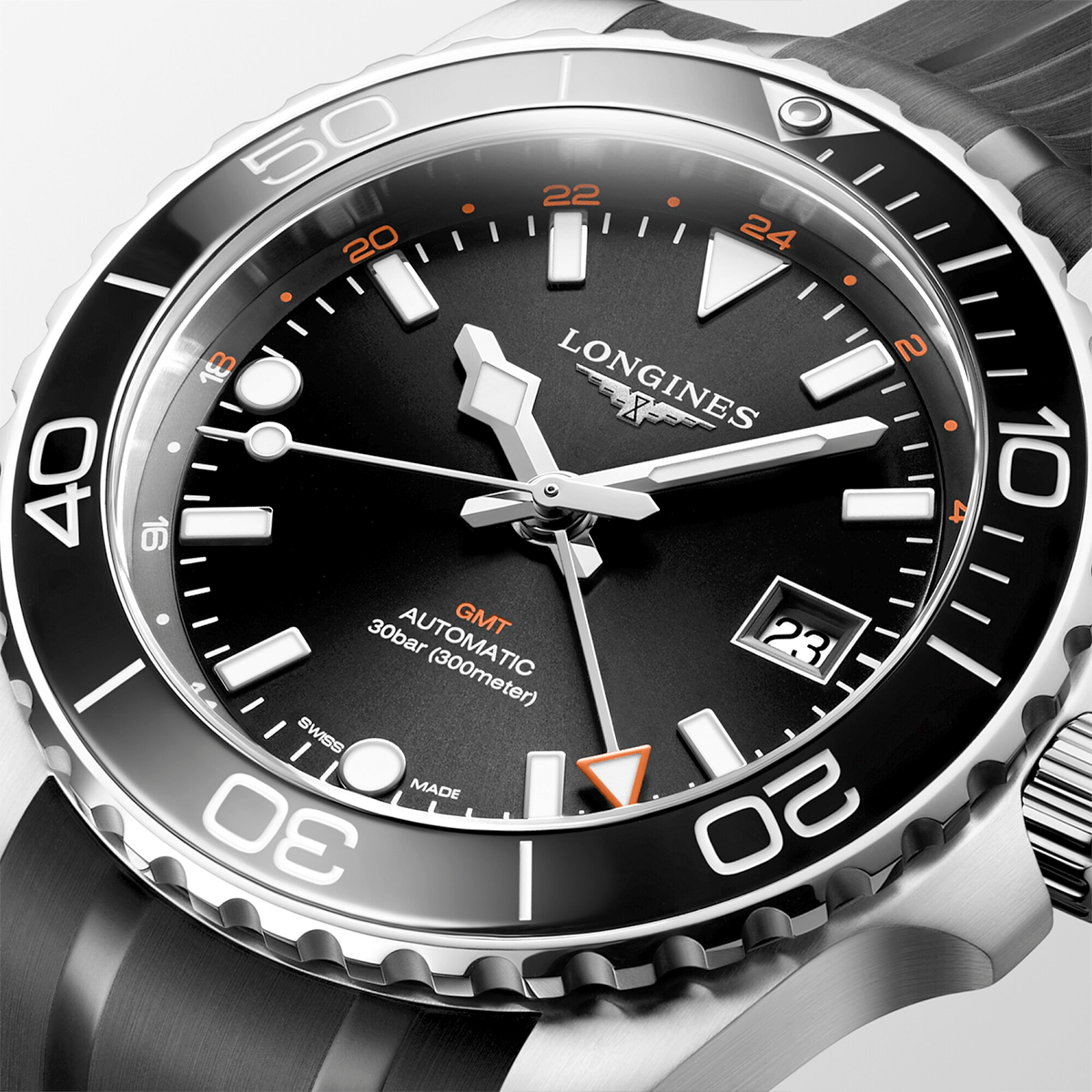 Longines HydroConquest GMT 41mm Black Dial Men's Rubber Strap Watch - Berry's Jewellers