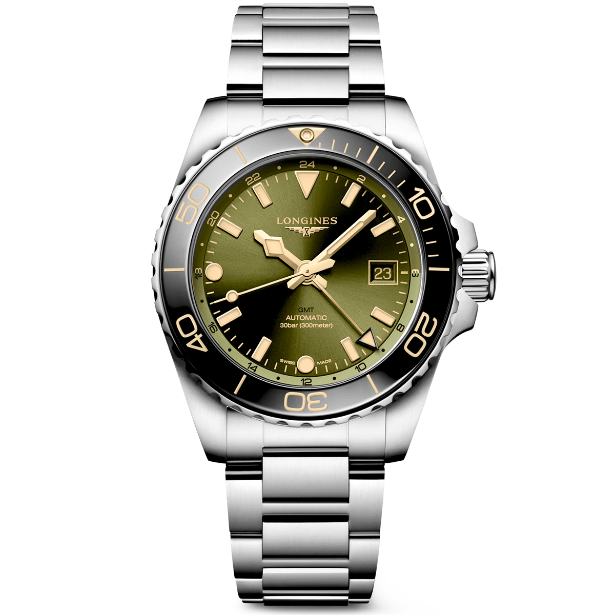 Longines HydroConquest GMT 41mm Green Dial Men's Automatic Bracelet Watch - Berry's Jewellers