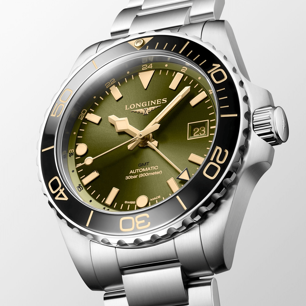 Longines HydroConquest GMT 41mm Green Dial Men's Automatic Bracelet Watch - Berry's Jewellers