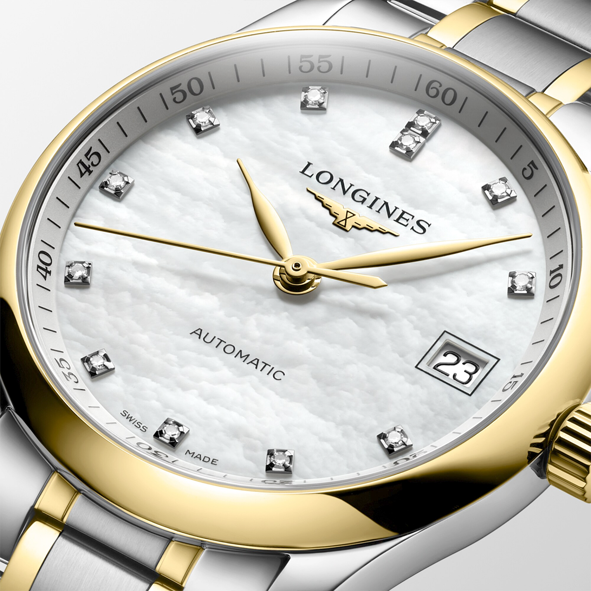 Longines Master 34mm Two-Tone White Mother of Pear Dial Bracelet Watch - Berry's Jewellers