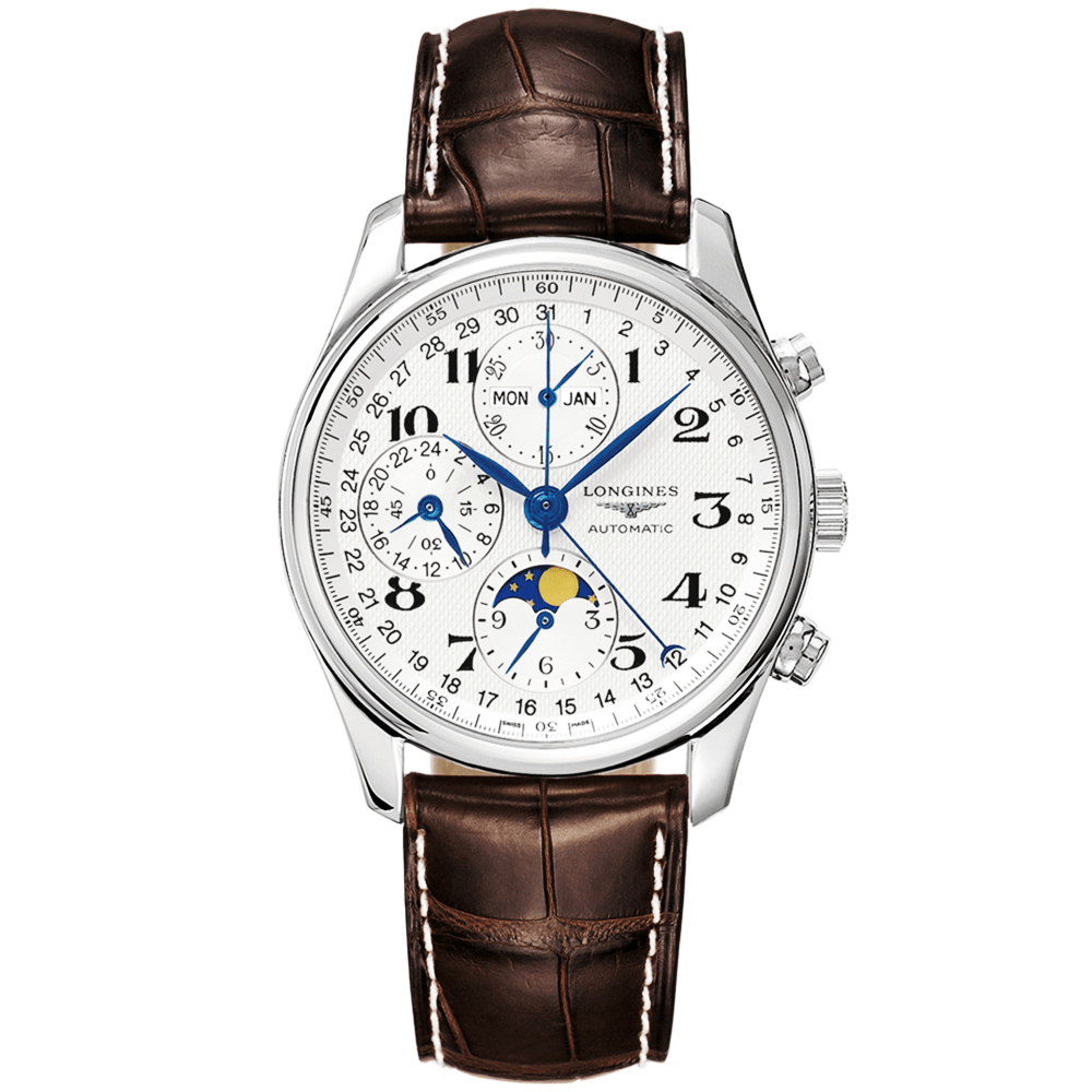 Longines Master 40mm Silver Moonphase Dial & Leather Strap Men's Watch - Berry's Jewellers