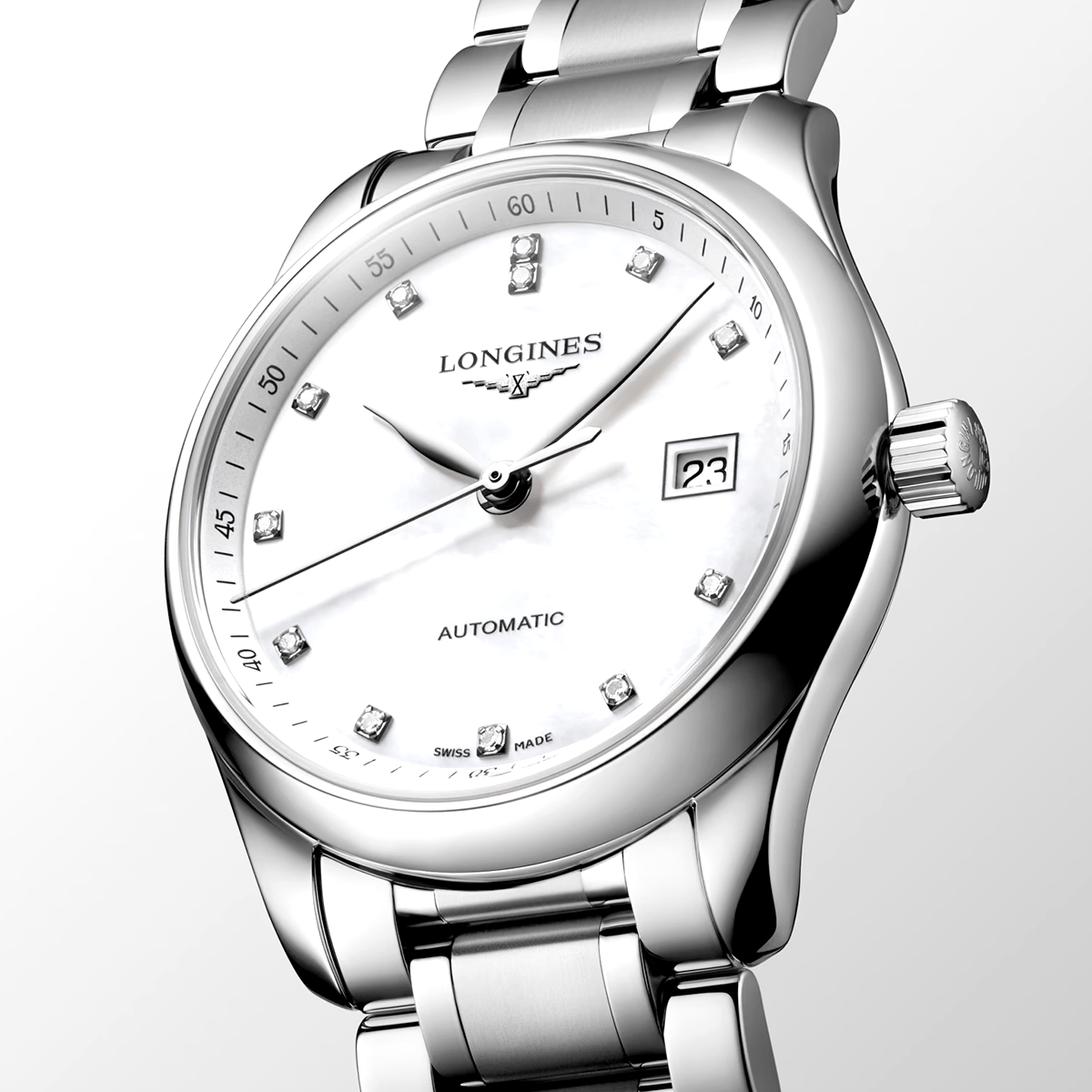 Longines Master Collection 29mm White Mother of Pearl Diamond Dial Watch - Berry's Jewellers