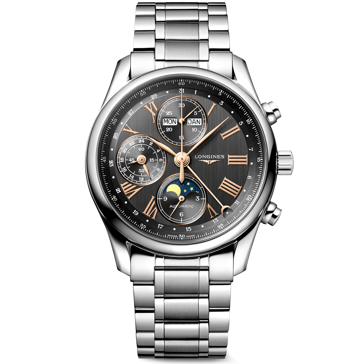 Longines Master Collection Chronograph Calendar 40mm Grey Dial Bracelet Watch - Berry's Jewellers