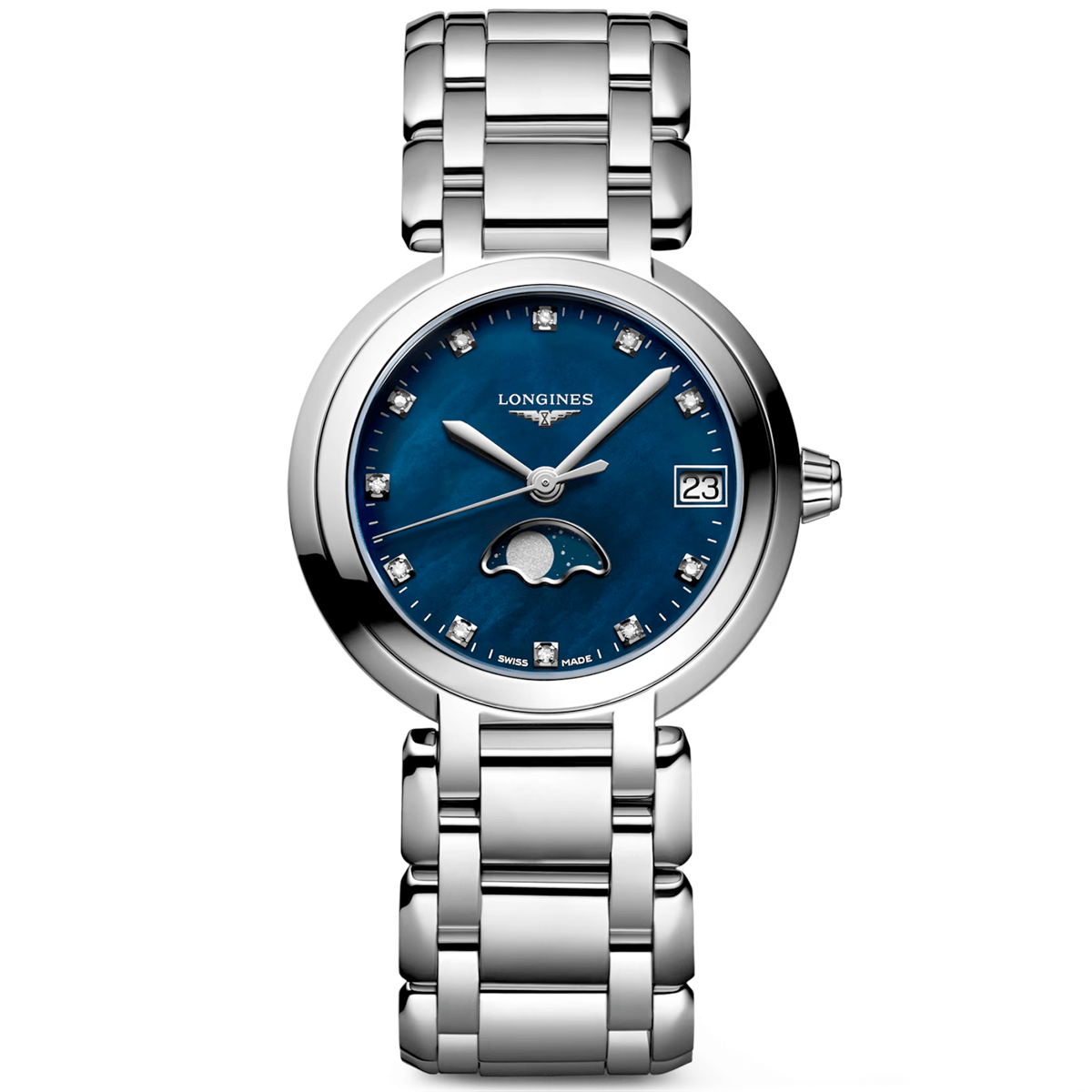 Longines PrimaLuna Moonphase 30.5mm Blue Mother of Pearl Diamond Dial Watch - Berry's Jewellers