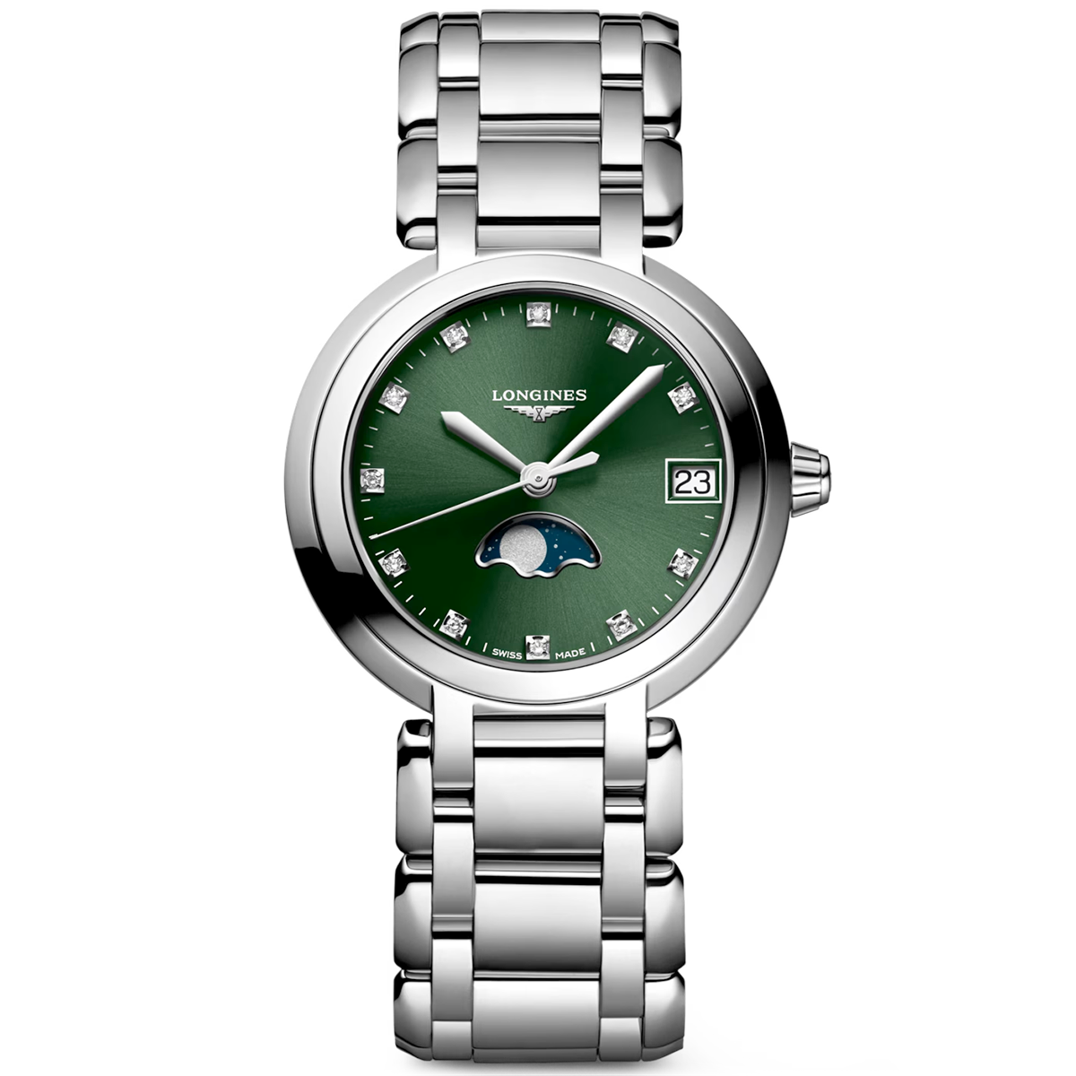 PrimaLuna Moonphase 30.5mm Green Diamond Dial Ladies Bracelet Watch