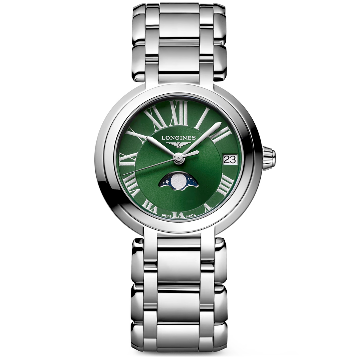 Longines PrimaLuna Moonphase 30.5mm Green Sunray Dial Bracelet Watch - Berry's Jewellers