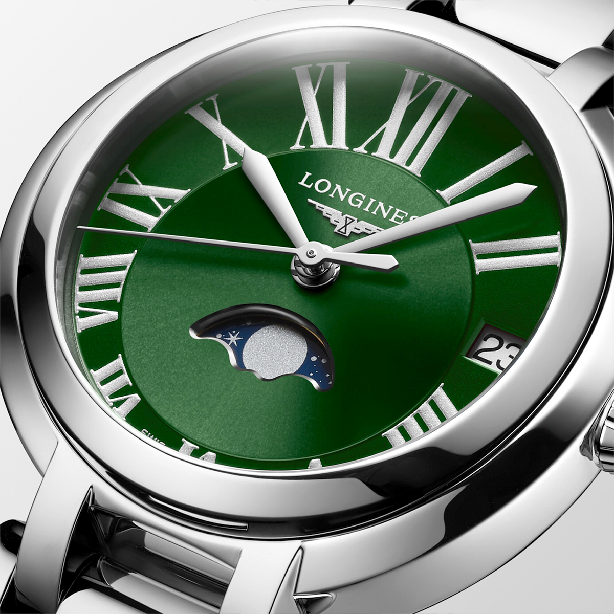 Longines PrimaLuna Moonphase 30.5mm Green Sunray Dial Bracelet Watch - Berry's Jewellers