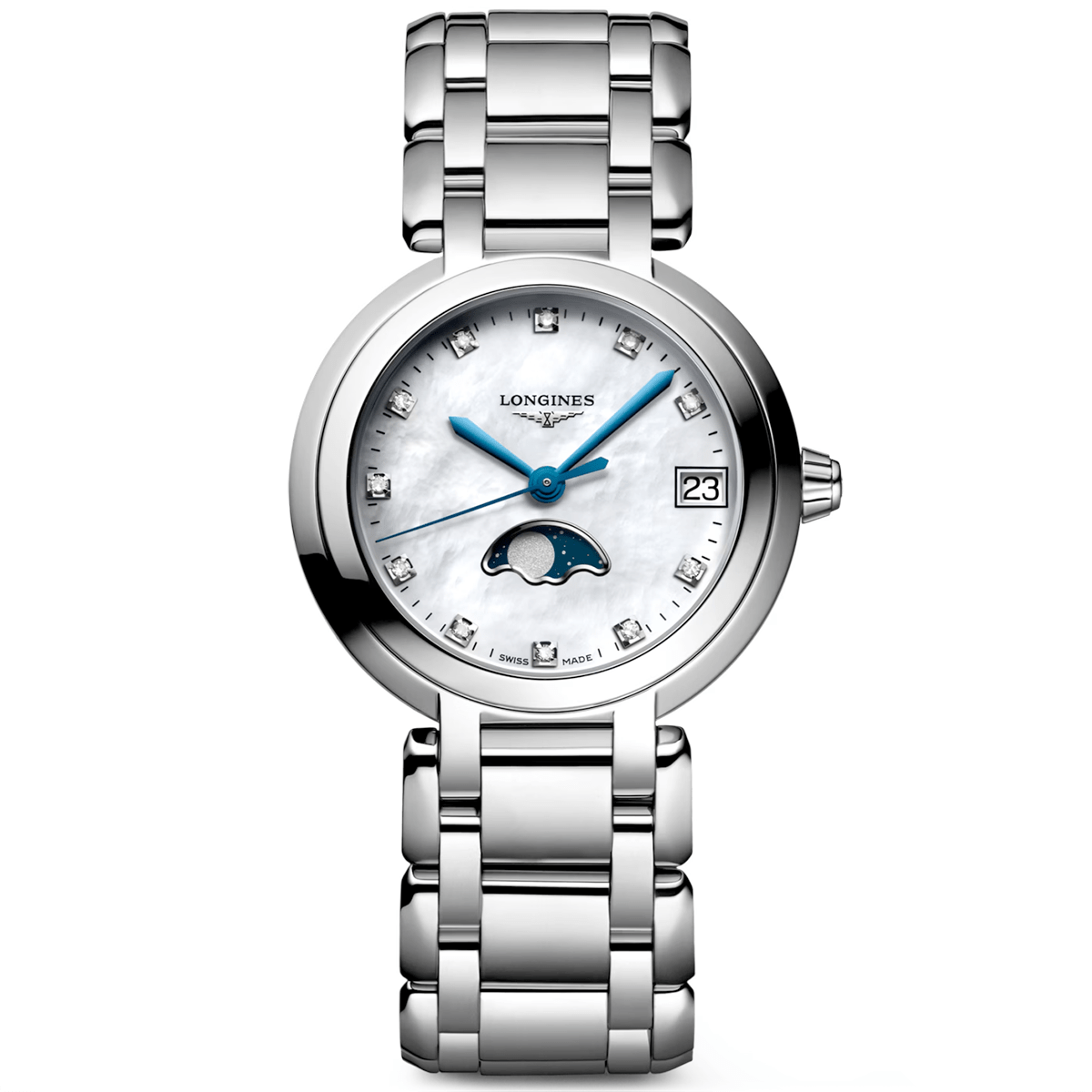 Longines PrimaLuna Moonphase 30.5mm White Mother of Pearl Diamond Dial Watch - Berry's Jewellers