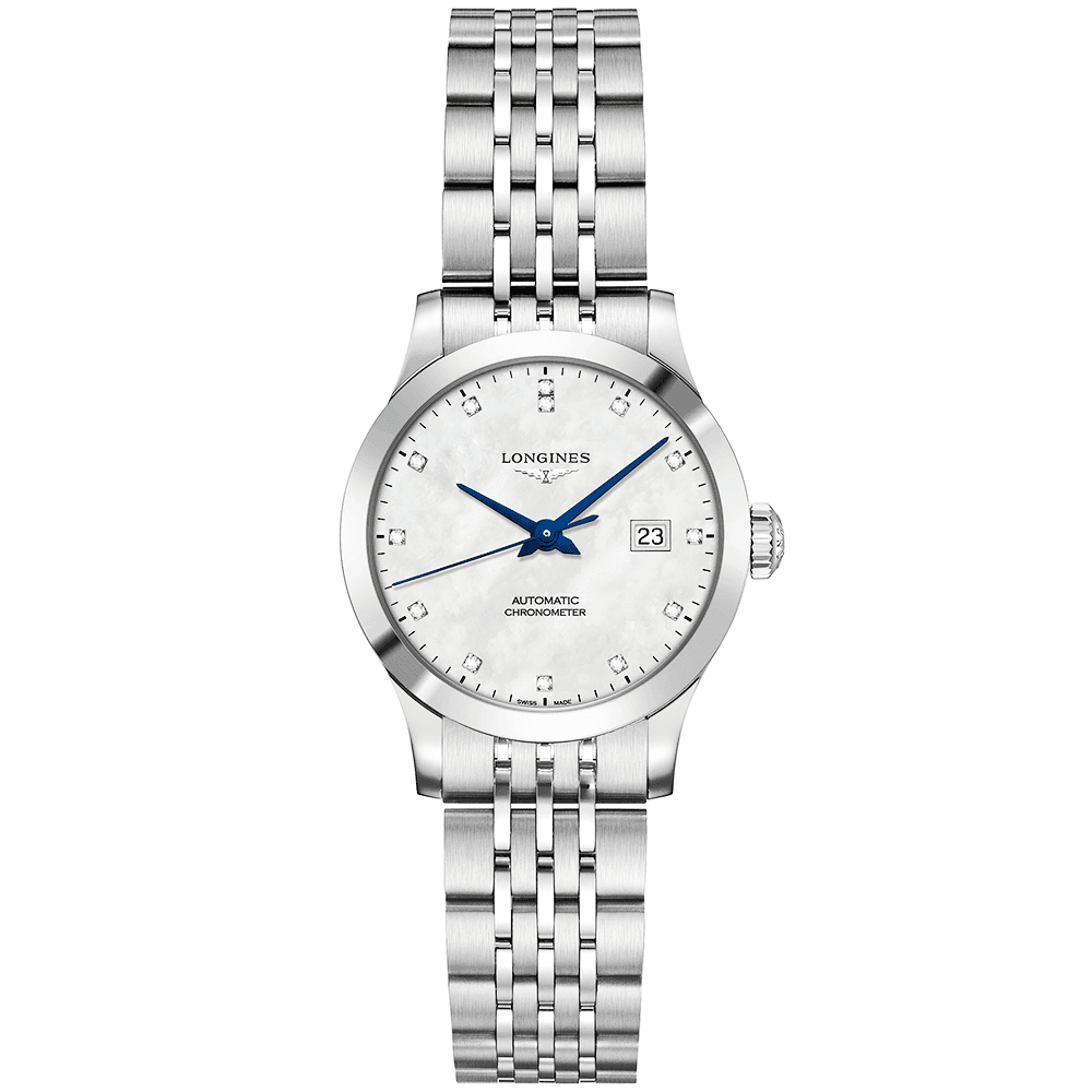 Longines Record 30mm White Mother of Pearl Dial Ladies Automatic Bracelet Watch - Berry's Jewellers