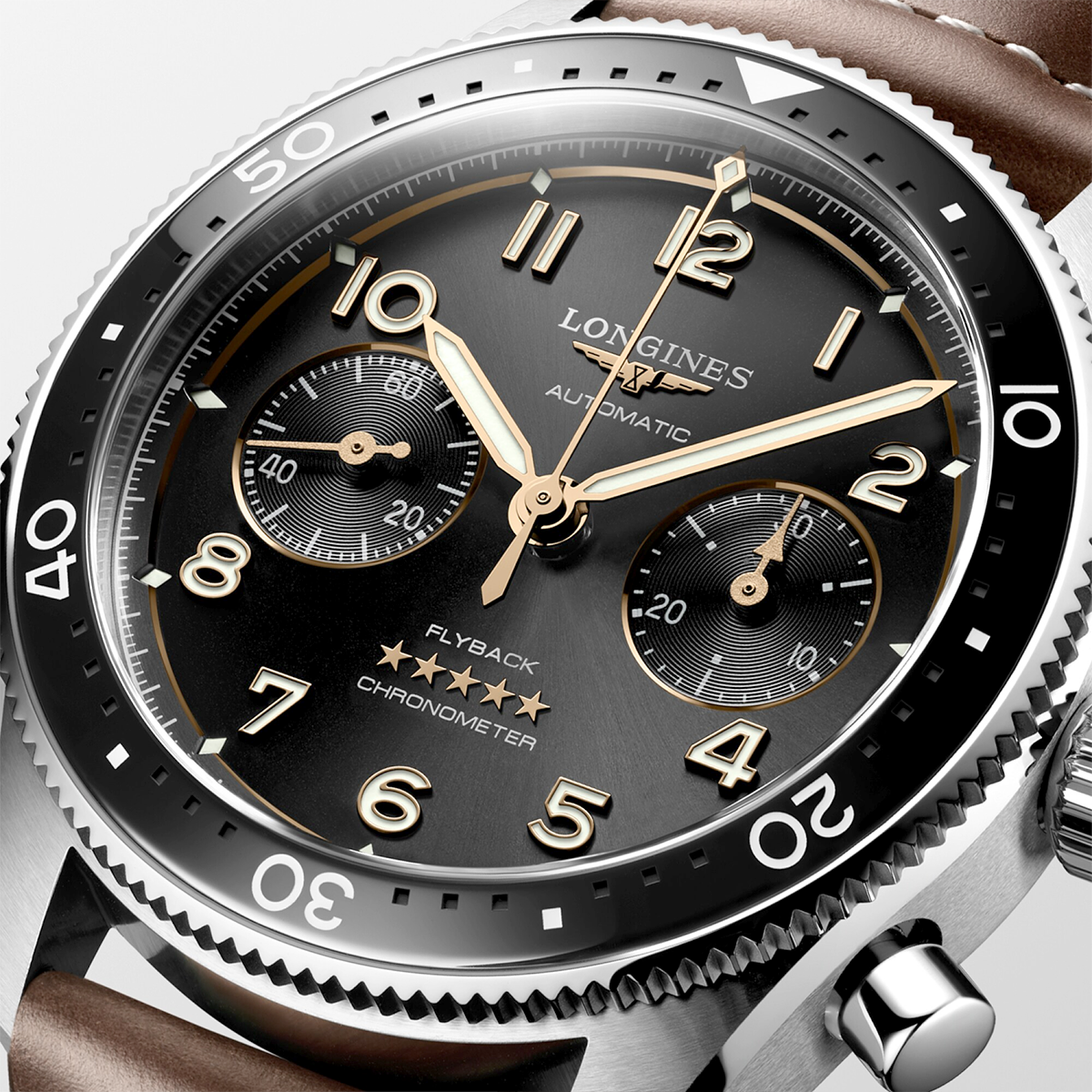 Longines Spirit Flyback 42mm Black Sunray Dial Chronograph Leather Strap Watch - Berry's Jewellers