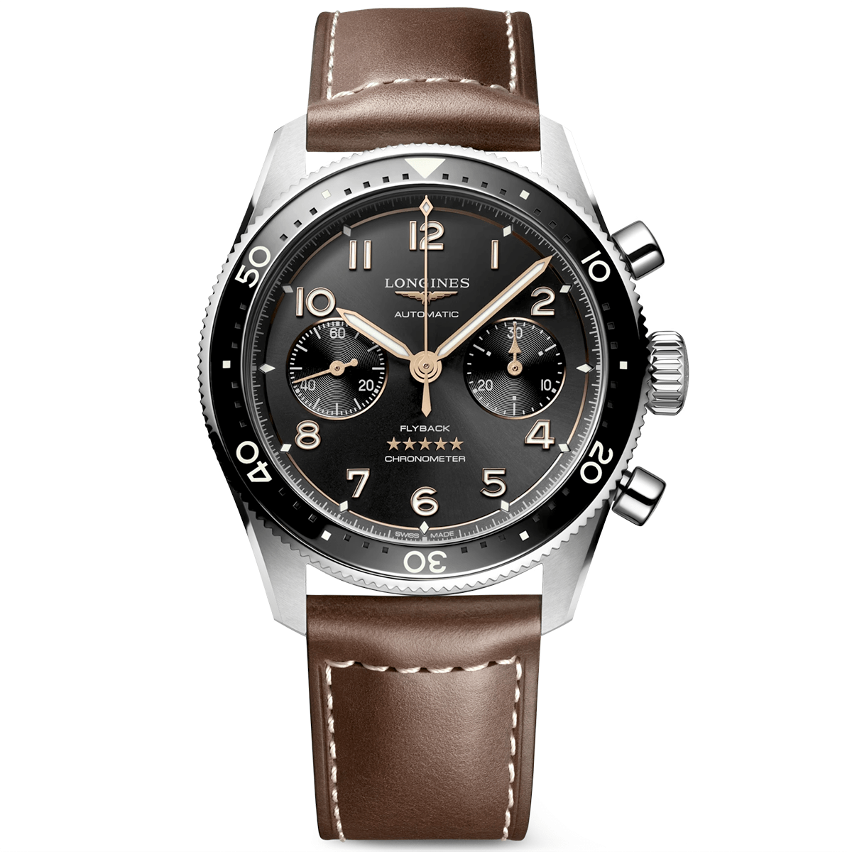 Longines Spirit Flyback 42mm Black Sunray Dial Chronograph Leather Strap Watch - Berry's Jewellers