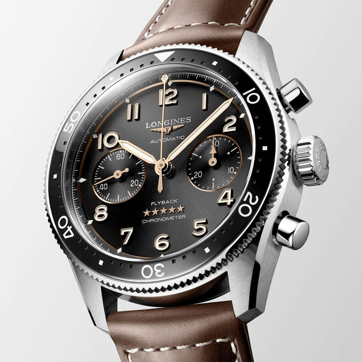 Longines Spirit Flyback 42mm Black Sunray Dial Chronograph Leather Strap Watch - Berry's Jewellers