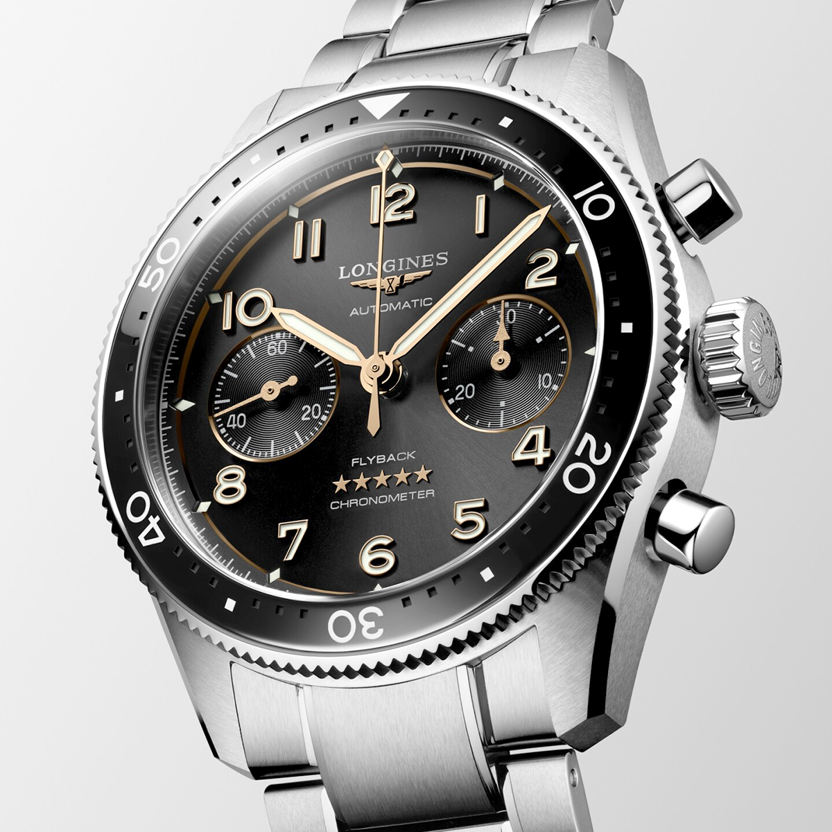 Longines Spirit Flyback 42mm Sunray Black Dial Chronograph Bracelet Watch - Berry's Jewellers