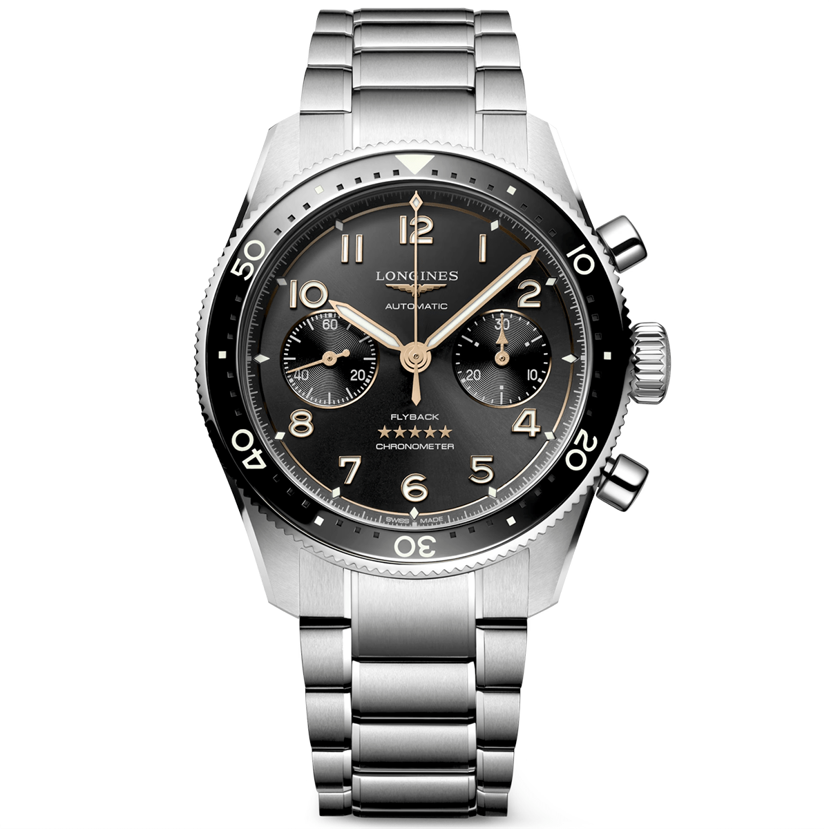 Longines Spirit Flyback 42mm Sunray Black Dial Chronograph Bracelet Watch - Berry's Jewellers