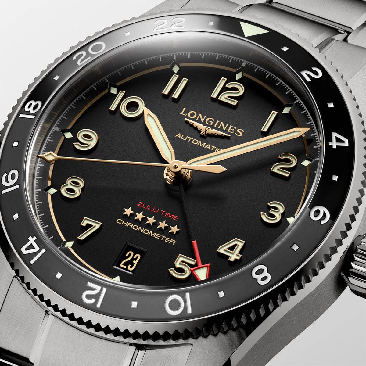 Longines Spirit Zulu Time 39mm Anthracite Dial and Ceramic Bezel Bracelet Watch - Berry's Jewellers