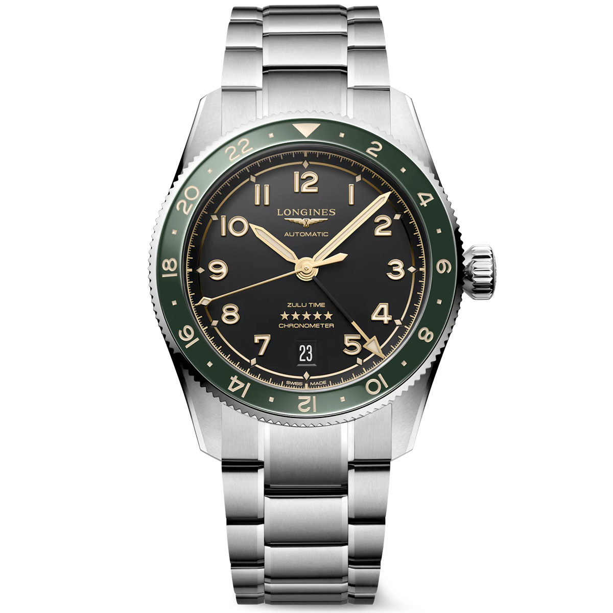 Longines Spirit Zulu Time 39mm Anthracite Dial & Green Bezel Bracelet Watch - Berry's Jewellers