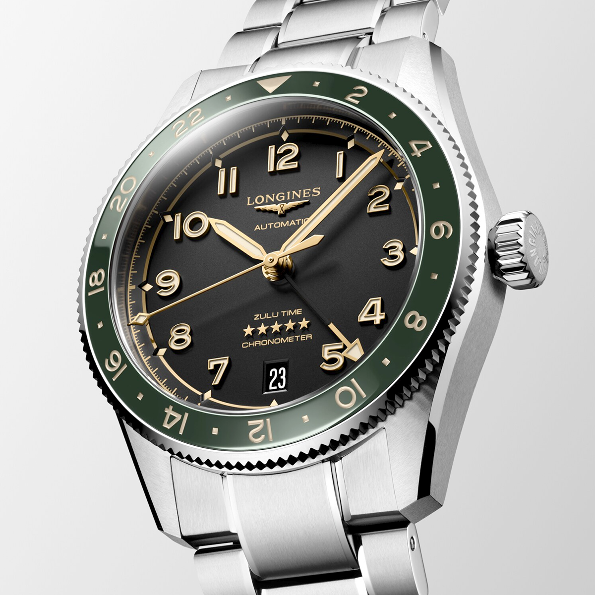 Longines Spirit Zulu Time 39mm Anthracite Dial & Green Bezel Bracelet Watch - Berry's Jewellers