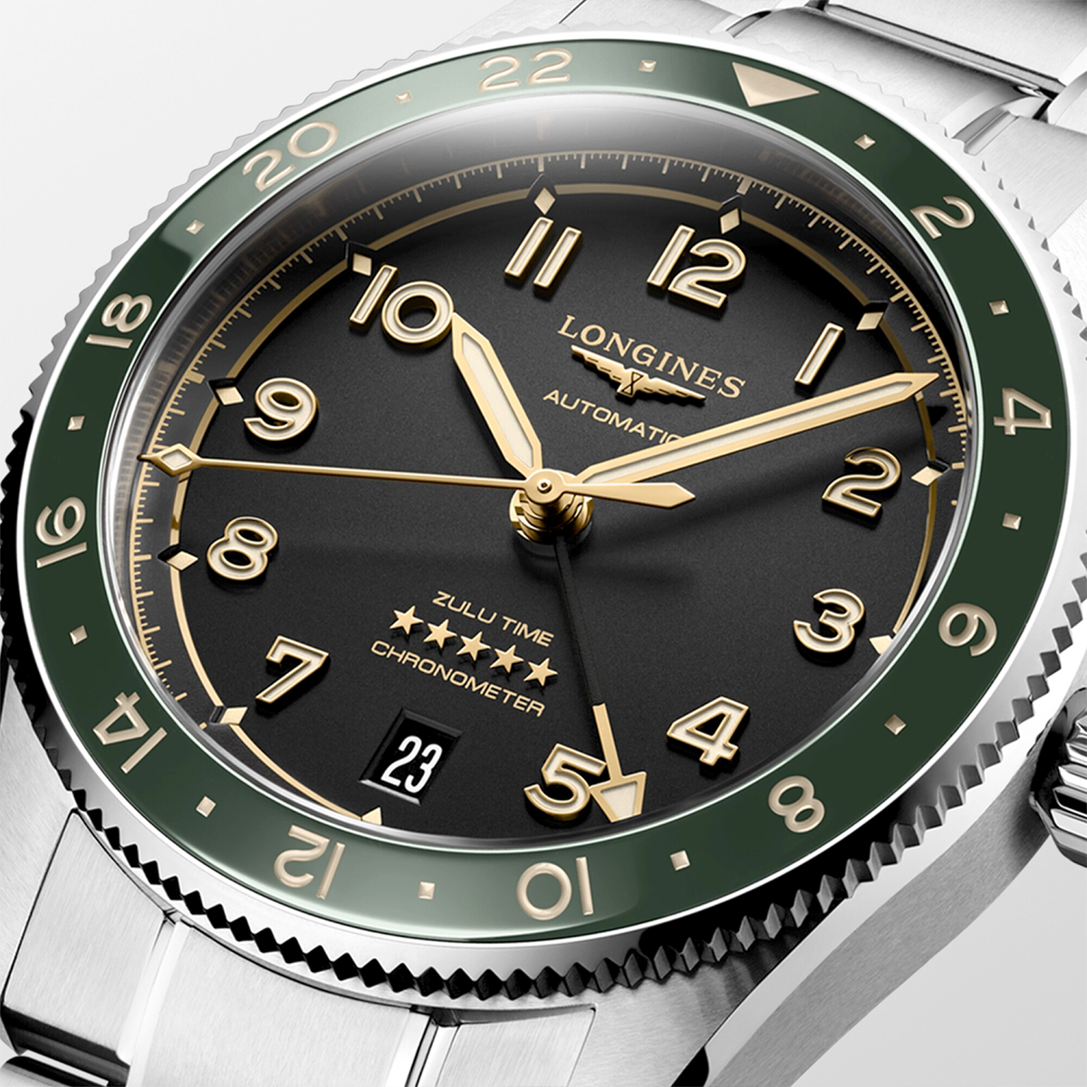 Longines Spirit Zulu Time 39mm Anthracite Dial & Green Bezel Bracelet Watch - Berry's Jewellers