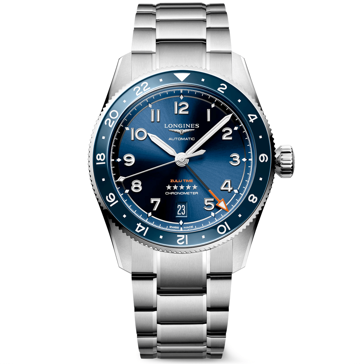 Longines Spirit Zulu Time 39mm Blue Dial Automatic Bracelet Watch - Berry's Jewellers