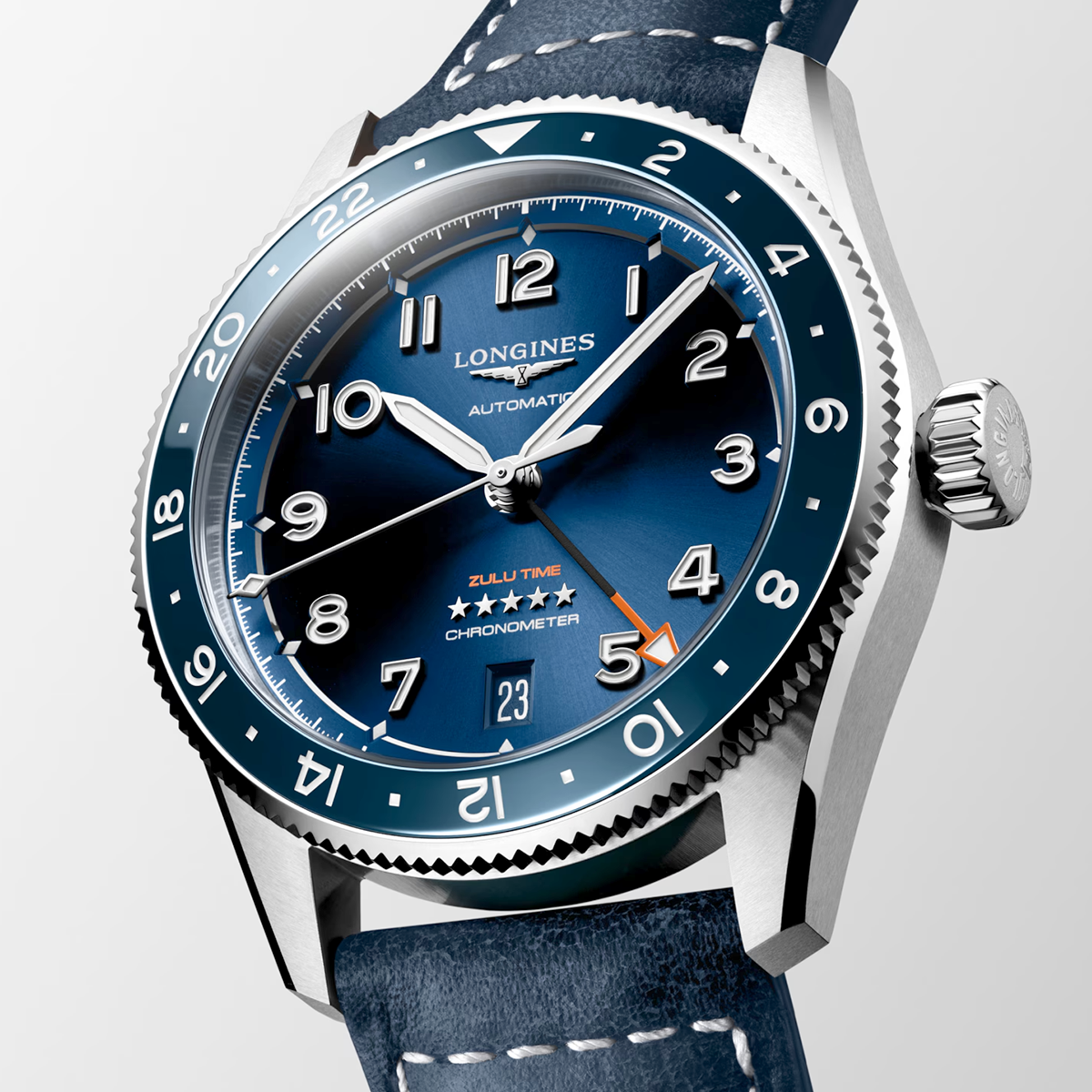 Longines Spirit Zulu Time 39mm Blue Dial Automatic Leather Strap Watch - Berry's Jewellers