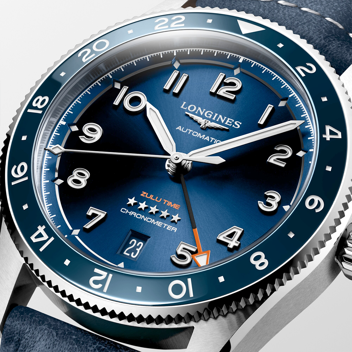 Longines Spirit Zulu Time 39mm Blue Dial Automatic Leather Strap Watch - Berry's Jewellers