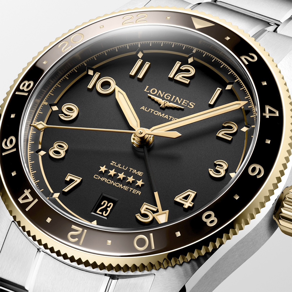 Longines Spirit Zulu Time 39mm Two-Tone Anthracite/Gold Dial Bracelet Watch - Berry's Jewellers